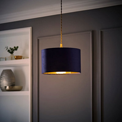 B&Q -  Reni Navy Velvet & Gold Inner Drum Ceiling Lamp Shade And Bulb (D)25Cm