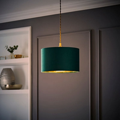 Valuelights Reni Green Velvet & Gold Inner Drum Ceiling Lamp Shade And Bulb (D)25Cm from B&Q