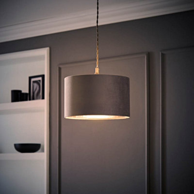 Valuelights Grey Reni Velvet With Metallic Chrome Inner Ceiling Lamp Shade And Led Bulb Small
