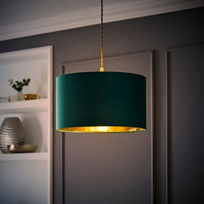 Valuelights Reni Green Velvet & Gold Inner Drum Ceiling Lamp Shade And Bulb (D)35Cm from B&Q
