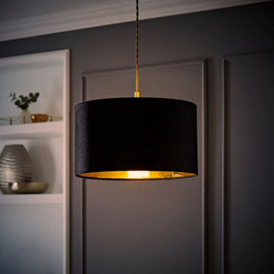 Valuelights Reni Black Velvet & Gold Inner Drum Ceiling Lamp Shade And Bulb (D)35Cm from B&Q