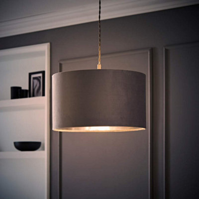 Valuelights Reni Grey Velvet & Silver Inner Drum Ceiling Lamp Shade And Bulb (D)35Cm from B&Q