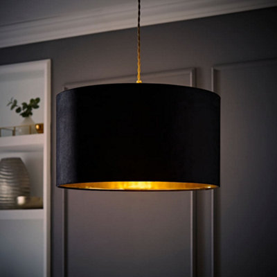 Valuelights Reni Large Velvet With Metallic Inner Ceiling Lamp Shade And Led Bulb Black/Gold
