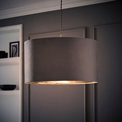 B&Q -  Reni Grey Velvet & Silver Inner Drum Ceiling Lamp Shade And Bulb (D)45Cm
