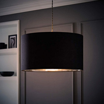 Valuelights Black/Silver Reni Fabric With Metallic Chrome Inner Drum Ceiling Lamp Shade And Bulb Large