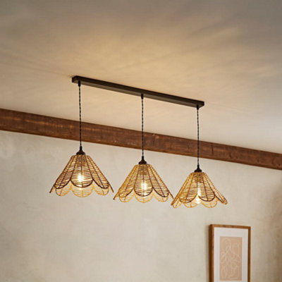 Valuelights Vine Natural Rattan Flower Shade 3 Drop Matte Diner Ceiling Pendant Black/Light