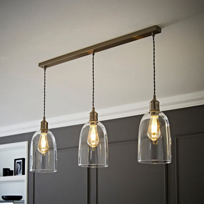 B&Q -  Kira Glass Cloche Dome 3 Drop Bar Brushed Chrome Diner Ceiling Pendant Light