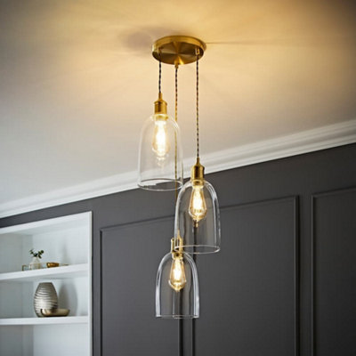 B&Q -  Kira Glass Cloche Dome 3 Drop Cluster Brushed Gold Ceiling Pendant Light