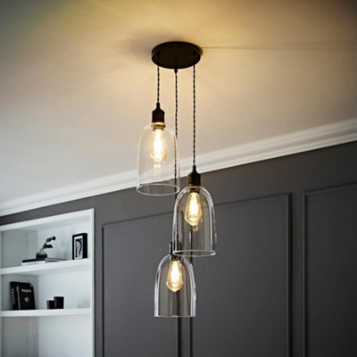 B&Q -  Kira Glass Cloche Dome 3 Drop Cluster Matte Black Ceiling Pendant Light