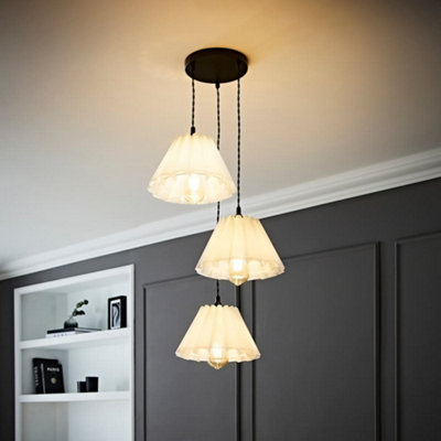 B&Q -  Lauren White Pleated Shade 3 Drop Cluster Matte Black Ceiling Pendant Light