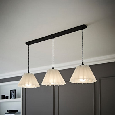 B&Q -  Lauren White Pleated Shade 3 Drop Bar Matte Black Diner Ceiling Pendant Light