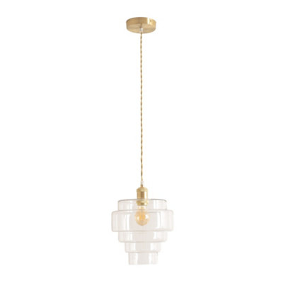 B&Q -  Lane Clear Glass 5 Tier Layer Shade Brushed Gold Single Ceiling Pendant Light