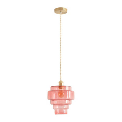 B&Q -  Lane Pink Glass 5 Tier Layer Shade Brushed Gold Single Ceiling Pendant Light