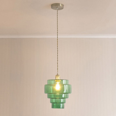 B&Q -  Lane Green Glass 5 Tier Layer Shade Brushed Chrome Single Ceiling Pendant Light