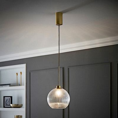 Valuelights Maddison Clear Ribbed Glass Shade Brushed Ceiling Pendant Gold/Light