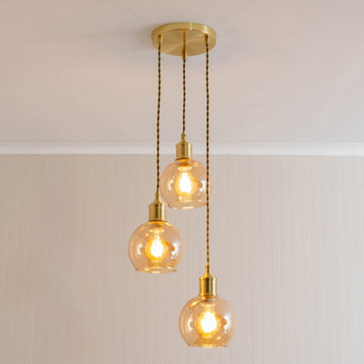 B&Q -  Bellamy Amber Glass Globe 3 Drop Cluster Gold Ceiling Pendant Light With Bulbs