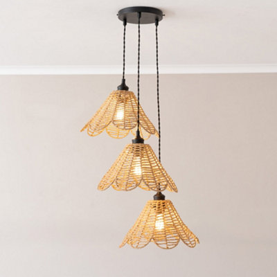 B&Q -  Vine Rattan Flower Shade 3 Drop Cluster Black Ceiling Pendant Light With Bulbs