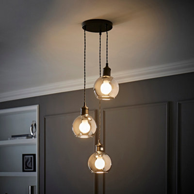 B&Q -  Bellamy Smoked Glass Globe 3 Drop Cluster Matte Black Ceiling Pendant Light With Bulbs