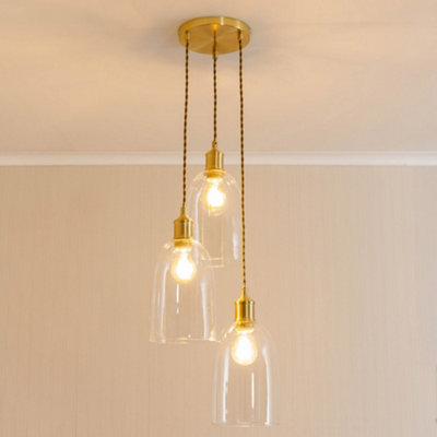 B&Q -  Kira Glass Dome 3 Drop Cluster Brushed Gold Ceiling Pendant Light With Bulbs