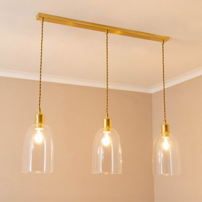 B&Q -  Kira Glass Dome 3 Drop Bar Brushed Gold Diner Ceiling Pendant Light With Bulbs