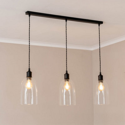 B&Q -  Kira Glass Dome 3 Drop Bar Matte Black Diner Ceiling Pendant Light With Bulbs