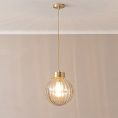 ValueLights Chessy Ribbed Glass Globe Brushed Gold Capped Ceiling Pendant Light with Bulb in Amber - Image 8