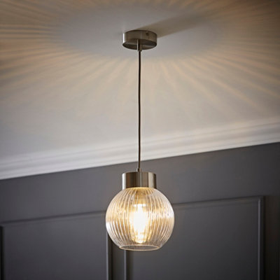Valuelights Maddison Ribbed Glass Shade Brushed Chrome Capped Ceiling Pendant Light And Bulb from B&Q