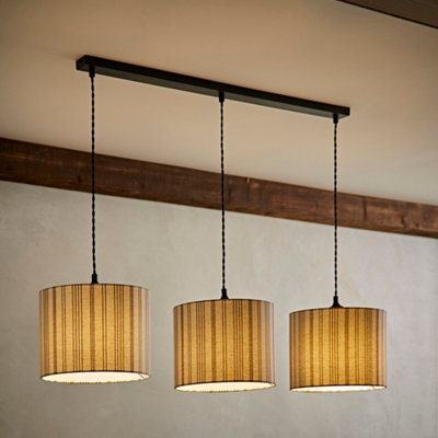 Valuelights Hallie Linen Stripe Drum Shade 3 Drop Diner Ceiling Pendant & Bulbs Black/Light