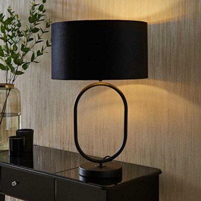 B&Q -  Antonia Black Velvet And Gold Drum Lamp Shade Matte Black Oval Table Lamp