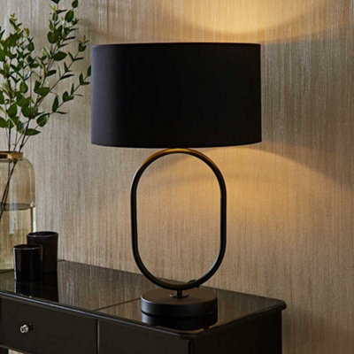 B&Q -  Antonia Black With Metallic Gold Inner Drum Shade Matte Black Oval Table Lamp