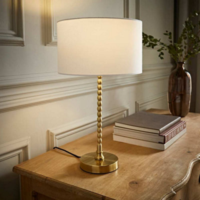 B&Q -  Maeve White Fabric Drum Lamp Shade Brushed Gold Bobbin Bobble Table Lamp