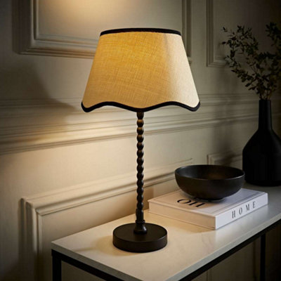 B&Q -  Maeve Natural Scallop Black Trim Drum Shade Matte Black Bobbin Bobble Table Lamp