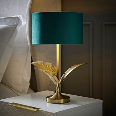 Valuelights Green/Gold Christina Velvet With Inner Drum Shade Palm Leaf Table Lamp