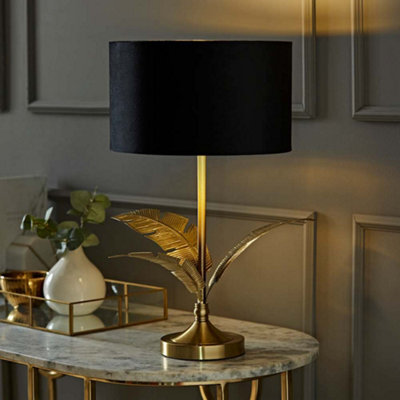 Valuelights Black/Gold Christina Velvet With Inner Drum Shade Palm Leaf Table Lamp
