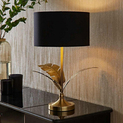 B&Q -  Christina Black With Metallic Gold Drum Shade Gold Palm Leaf Table Lamp