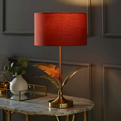 Valuelights Christina Rust Drum Shade Palm Leaf Detail Single Stem Table Lamp Red/Gold
