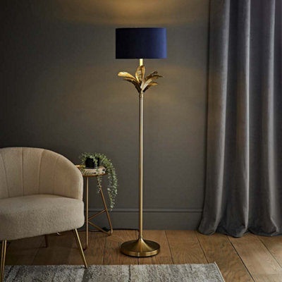 B&Q -  Christina Navy Blue Velvet With Gold Inner Drum Shade Gold Palm Leaf Floor Lamp