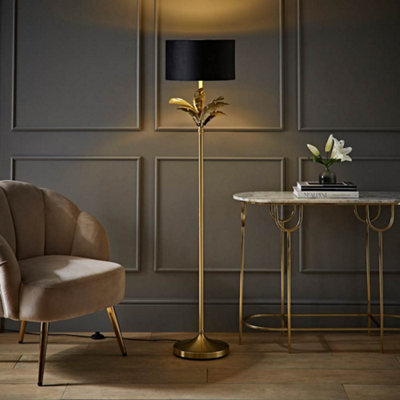B&Q -  Christina Black Velvet With Gold Inner Drum Shade Gold Palm Leaf Floor Lamp