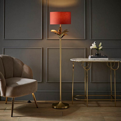 B&Q -  Christina Rust Red Drum Shade Gold Palm Leaf Detail Single Stem Floor Lamp