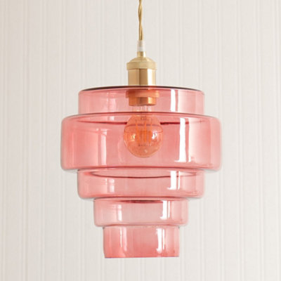 Valuelights Lane Glass 5 Tier Layered Easy Fit Ceiling Pendant Lamp Shade With Led Bulb Pink