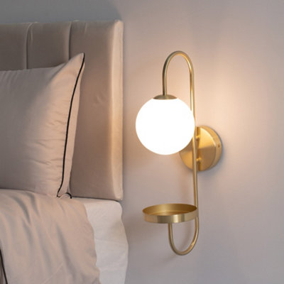 Valuelights Milo Frosted Glass Globe Shade Curved Brushed Wall With Shelf & Bulb Gold/Light