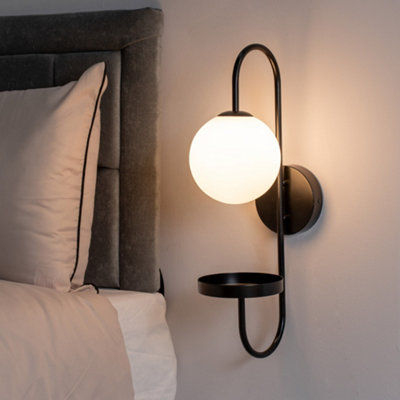 Valuelights Milo Frosted Glass Globe Shade Curved Matte Wall With Shelf And Bulb Black/Light