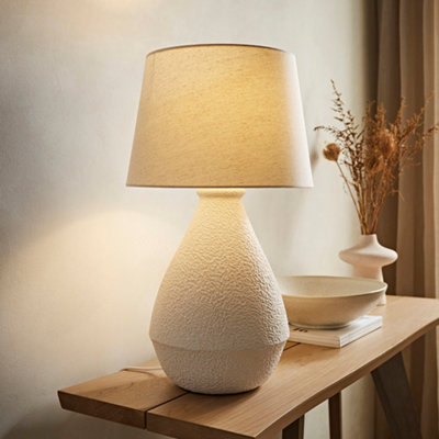 B&Q -  Helena Natural Taper Shade Cream Speckled Ceramic Table Lamp With Bulb