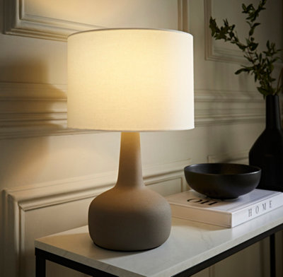 B&Q -  Hayley Natural Linen Drum Shade Grey Squat Base Ceramic Table Lamp And Led Bulb