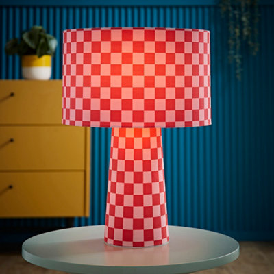B&Q -  Pritchard Pink Checkerboard Drum Shade Full Fabric Table Lamp With Led Bulb