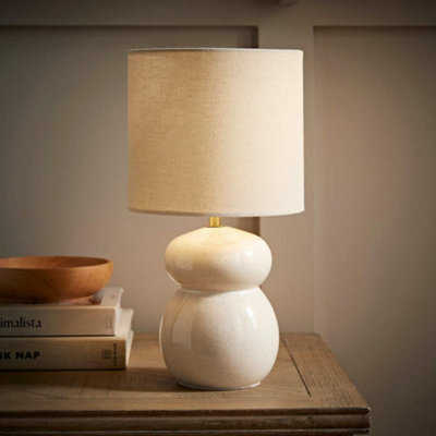 B&Q -  Kendal Natural Linen Drum Shade Beige Glazed Ceramic Table Lamp With Led Bulb