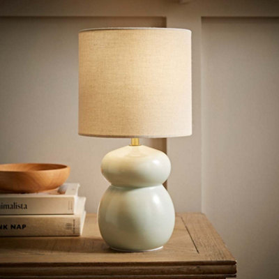 B&Q -  Kendal Natural Linen Drum Shade Blue Glazed Ceramic Table Lamp With Led Bulb