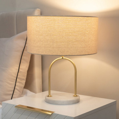 B&Q -  Rachel Brushed Gold Arch Marble Base Table Lamp With Natural Lamp Shade And Bulb