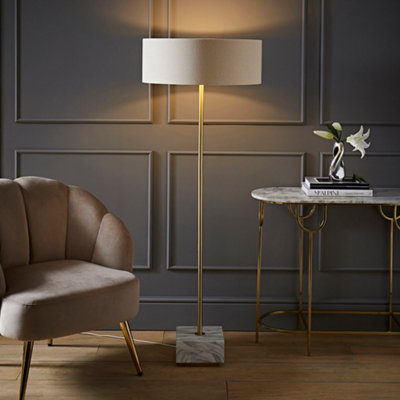 B&Q -  Britney Marble Floor Lamp With Natural Linen Drum Lamp Shade And Led Bulb