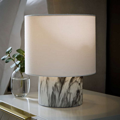 B&Q -  Melanie White Marble Effect Table Lamp With White Linen Lamp Shade And Led Bulb